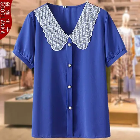 加肥加大码女镶钻娃娃衫夏季洋气减龄年轻妈妈夏季法式短袖雪纺衫商品大图
