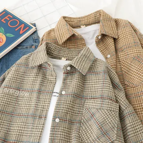 复古格子衬衫女ins春装新品字母刺绣宽松长袖衬衣学院风绣花外套图片