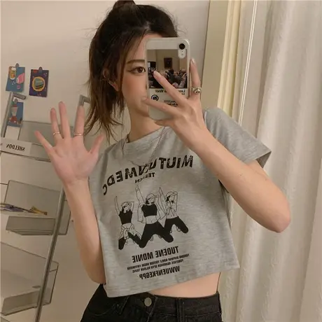 美式复古短袖t恤女夏季宽松韩版ins设计感小众短款高腰露脐上衣服图片