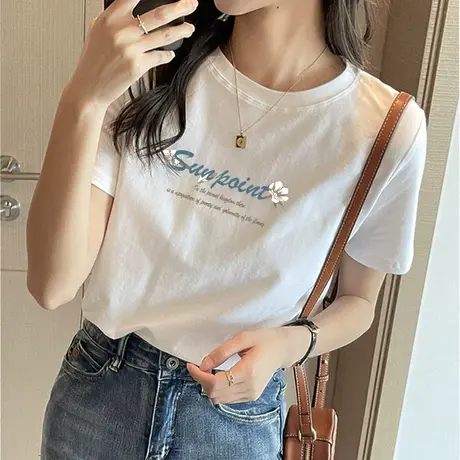 白色t恤短袖女2023年新款夏高级纯棉印花正肩半袖体恤遮肚子上衣图片