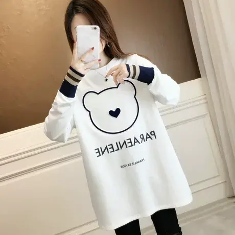早春长袖t恤女春秋季韩版宽松大码中长款德绒加绒打底衫小熊上衣商品大图