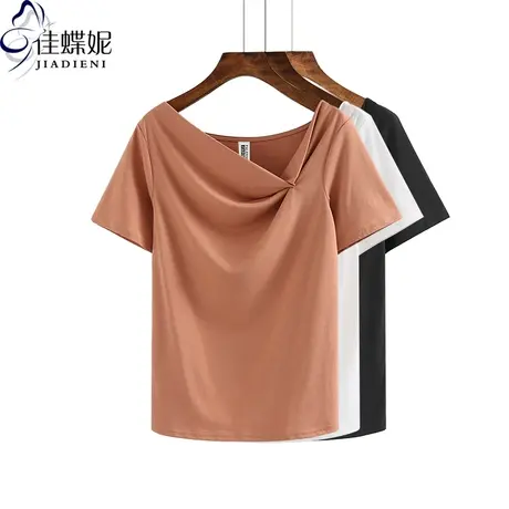 夏季新款斜肩领宽松莫代尔短袖体恤上衣内搭打底衫韩版女装T恤商品大图