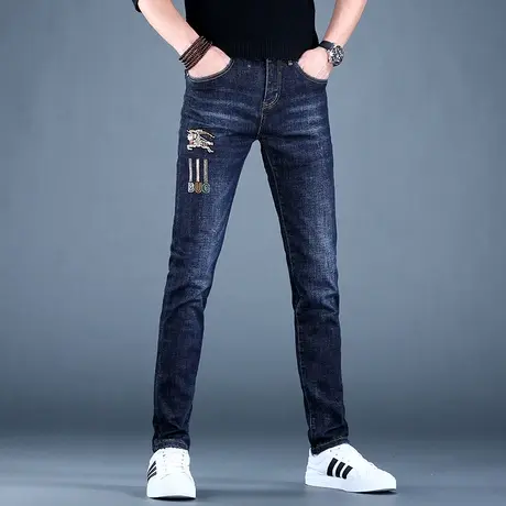 男士高端刺绣牛仔裤男款小脚修身新款秋款潮牌弹力裤子男潮流弹力商品大图