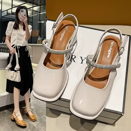 法式包头单鞋女2023年夏季新款高跟鞋水钻凉鞋粗跟方头玛丽珍女鞋商品大图