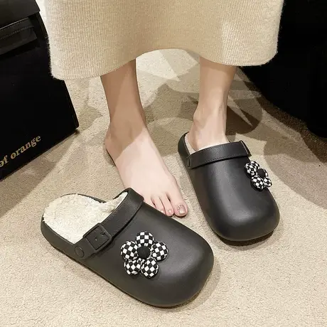 ins花朵毛毛拖鞋女外穿2023爆款时尚eva防水包头家居棉拖鞋奶fufu图片