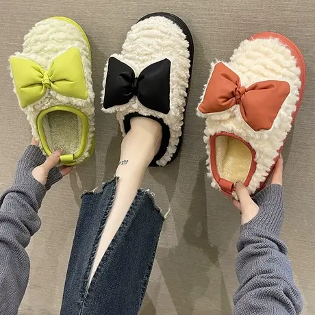 蝴蝶结拼色棉拖鞋女冬季可爱厚底室内家居毛绒保暖防滑可外穿拖鞋商品大图