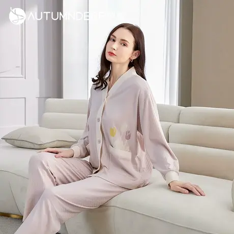 秋鹿针织棉女式睡衣秋季长袖长裤简约纯色休闲家居服女春秋可外穿图片