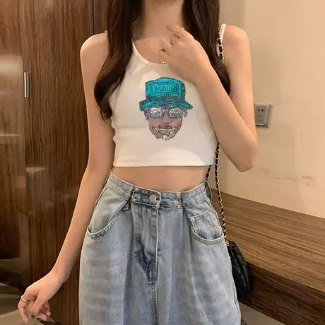 白色字母运动吊带小背心女装夏季辣妹纯欲风短款紧身内搭上衣外穿商品大图