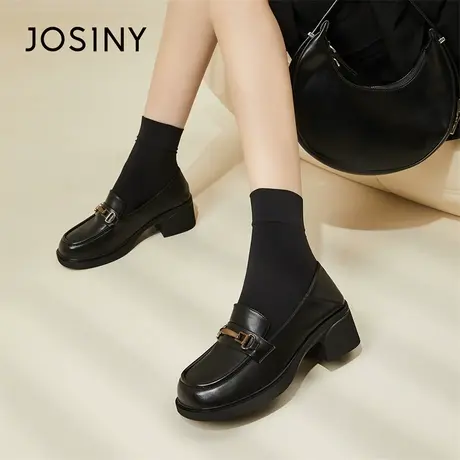 Josiny/卓诗尼黑色乐福鞋女2024新款春季厚底小皮鞋厚底粗跟单鞋商品大图