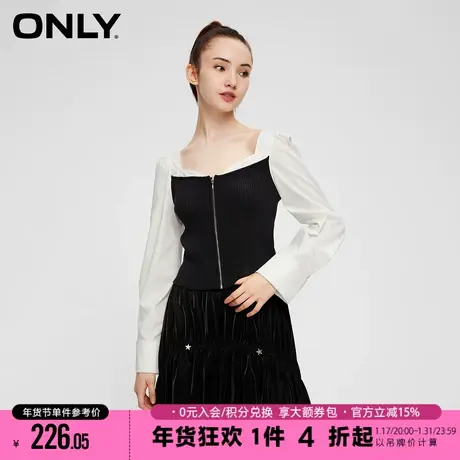 ONLY2023冬季新款时尚百搭修身拼接短款V领长袖衬衫女|123305023商品大图