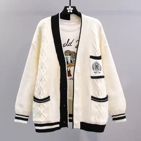 复古撞色毛衣外套女秋冬2023新款宽松学院风减龄休闲刺绣针织开衫图片