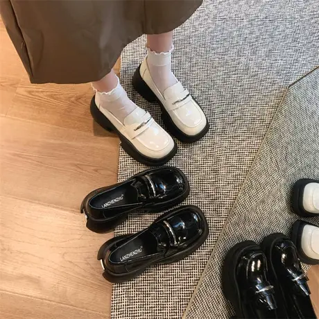 厚底乐福鞋女2024年春新款复古百搭粗跟单鞋一脚蹬高跟漆皮小皮鞋商品大图