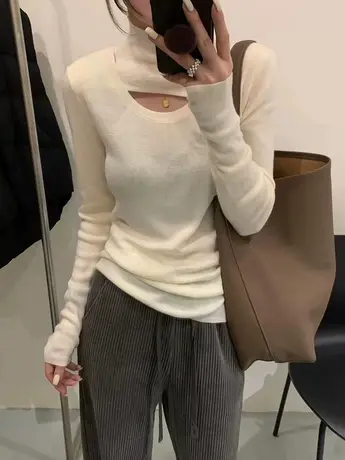 2023冬季新款韩系小心机镂空半高领针织衫女修身内搭打底衫毛衣潮商品大图