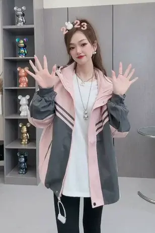 黑白撞色工装外套女2023春秋季新款韩版宽松小个子爆款连帽冲锋衣图片