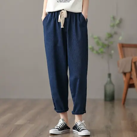 dza 高腰显瘦系绳九分牛仔裤子女士春秋新款宽松复古裤直筒阔腿裤图片