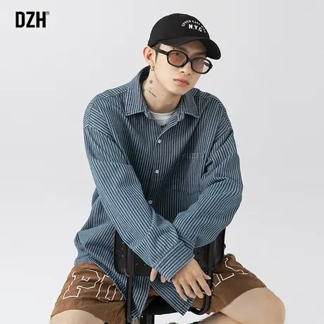男士蓝色条纹衬衫男长袖衬衣外套春秋款日系男装2023新款休闲上衣商品大图
