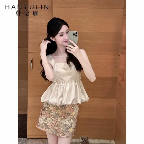 韩语琳 缎面方领无袖花苞背心女夏季高级感小香收腰衬衫蓬蓬上衣图片