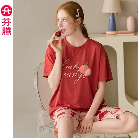 芬腾睡衣女士夏季纯棉短袖七分裤套装女款可爱休闲大码薄款家居服商品大图