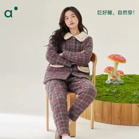 安之伴【巨保暖】三层夹棉冬季睡衣女加厚甜美可爱格子家居服套装商品大图