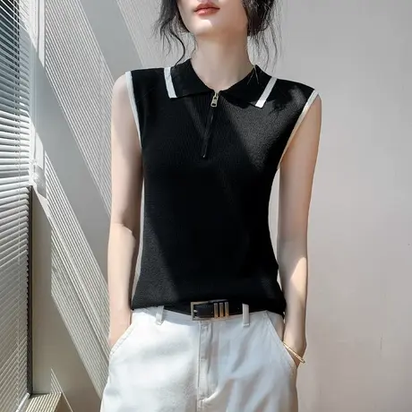 时尚拼色翻领拉链无袖上衣女夏季运动设计感修身显瘦高级气质背心商品大图