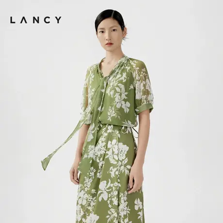 LANCY/朗姿2024夏季新款绿色真丝印花飘带衬衫女气质短袖冰丝上衣图片
