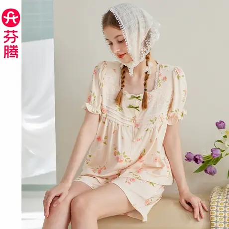 芬腾女睡衣夏季纯棉短袖短裤套装女款清新透气休闲大码全棉家居服商品大图