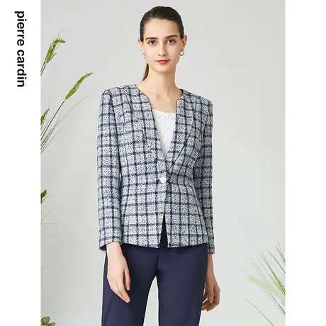 【皮尔卡丹女装】2024春季蓝白格子干练通勤西服外套【专柜正品】图片