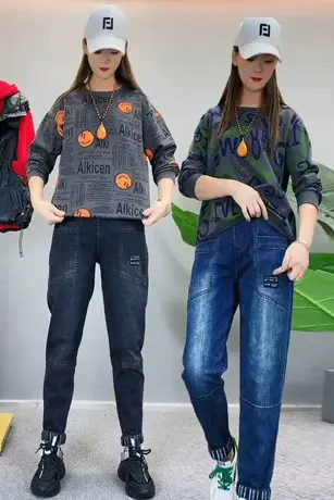 圆领字母卫衣休闲牛仔裤两件套女小个子宽松上衣翻边九分裤套装潮商品大图