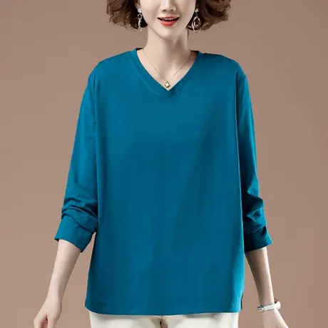 长袖t恤女春秋加肥加大码女装宽松中年妈妈百搭纯棉V领显瘦打底衫商品大图
