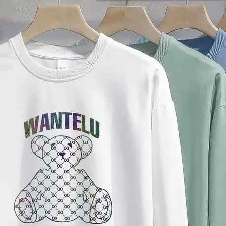 白色卫衣男潮ins小熊圆领无帽上衣春秋款宽松潮流百搭加绒长袖t恤商品大图