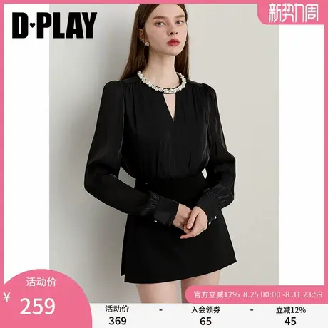 DPLAY【珠光星辰系列】2025秋季新款黑色衬衫女圆领上衣长袖小衫图片