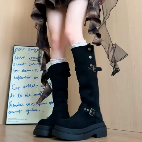 黑色不过膝长筒靴女粗腿西部牛仔靴小个子厚底显瘦两穿高筒骑士靴商品大图