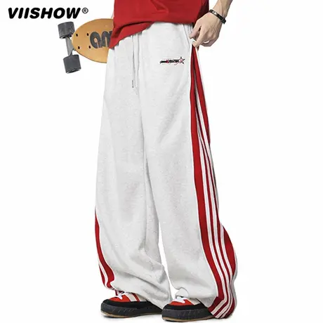 VIISHOW美式重磅三条杠运动卫裤男款秋季阔腿裤子宽松直筒休闲裤商品大图