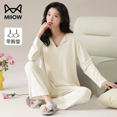 猫人带胸垫睡衣女款春秋季棉绸翻领长袖套装大码高级感纯色家居服商品大图