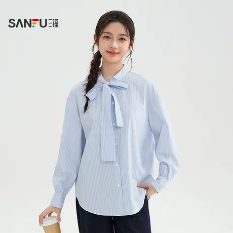 三福长衬衫2025冬季蝴蝶结绑带领口法式条纹上衣女装509628商品大图