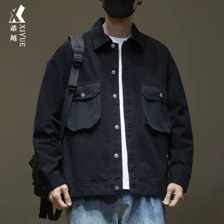 秋季设计感工装风夹克男宽松大码纯棉贴布口袋美式复古衬衣外套潮商品大图