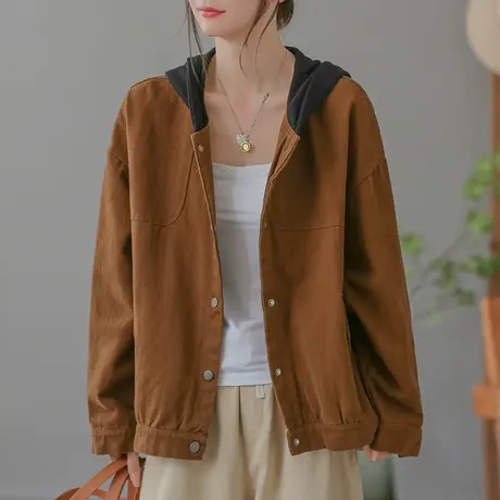 dza 复古拼接连帽工装外套女士春秋宽松短款夹克上衣休闲显瘦上衣图片