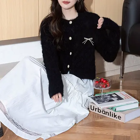 唐狮秋冬毛衣外套女气质名媛风毛绒绒圆领针织开衫女高级感慵懒tu图片