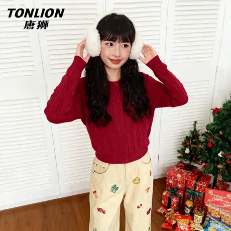 唐狮官方马年红色毛衣女外套2026新款春款本命年针织衫新年战袍VC图片