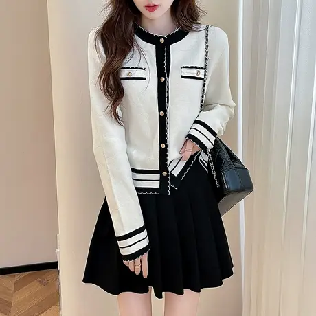 唐狮秋冬小香风撞色边设计圆领针织开衫女春秋红色费尔岛外套TD图片