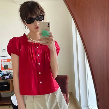 omont蛋挞家 短袖衬衫女夏季设计感法式别致泡泡袖短款方领小上衣商品大图