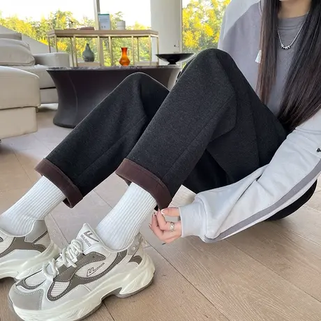 毛呢黑色小直筒休闲裤女松紧高腰秋冬季新款加厚显瘦小个子哈伦裤商品大图