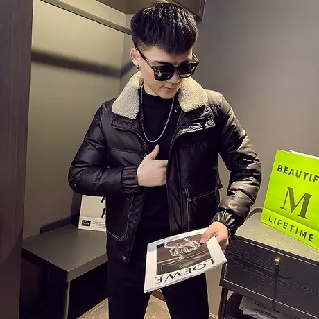 2023冬季男士羽绒服外套修身毛领潮牌个性休闲潮流加厚保暖皮棉衣图片