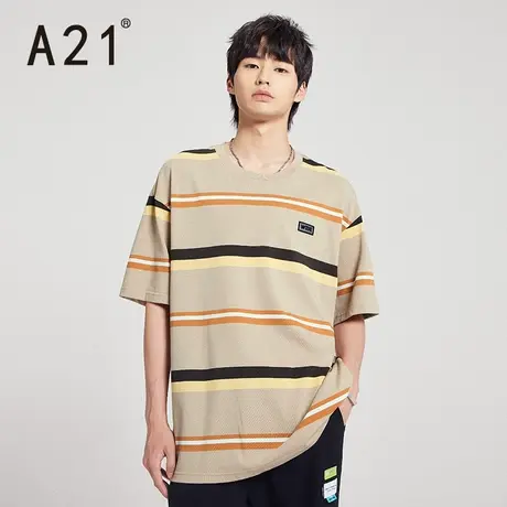 A21outlets男装宽松圆领落肩短袖T恤衫夏季经典条纹百搭纯棉上衣商品大图