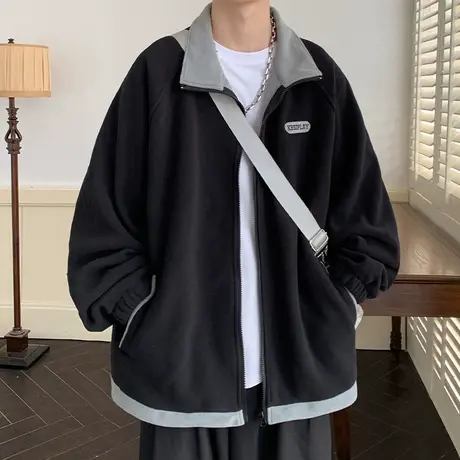 摇粒绒外套男春秋款潮牌刺绣宽松休闲夹克男显瘦秋冬翻领开衫褂子商品大图