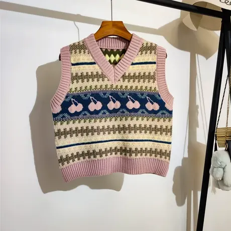 学院风针织马甲女2023秋冬新款修身显瘦v领叠穿无袖毛衣背心外搭商品大图