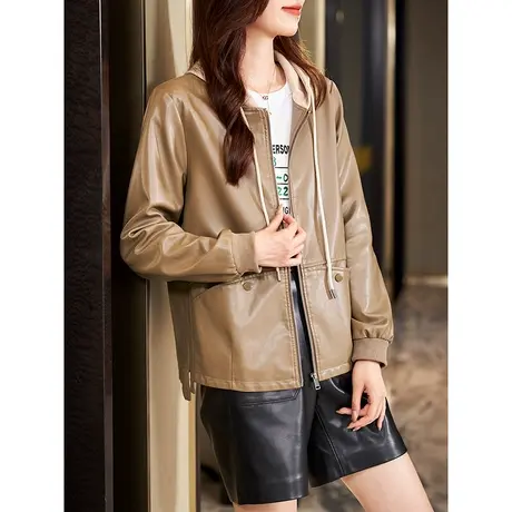 宝诗黎连帽拼接短款皮质外套拉链上衣2023年秋季新款小众气质女装商品大图