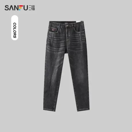 三福2023冬男士复合猞猁绒加厚锥形牛仔裤 时尚小标长裤478054图片