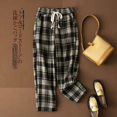 享永子【别具一格】磨毛细绒格子加厚毛呢直筒阔腿裤高腰休闲长裤图片