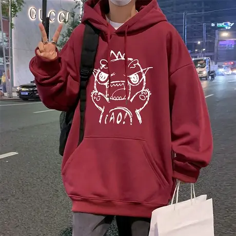 秋冬季纯棉宽松套头连帽卫衣男复古恐龙卡通加绒保暖情侣帽衫外套商品大图